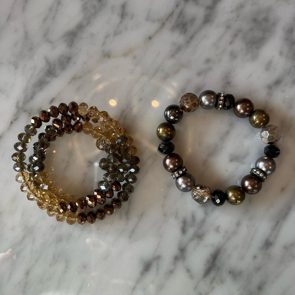 2 Beaded Bracelets Gypsy Boho Bohemian‎ Fairy Whimsy 2 Piece Set Neutral Brown